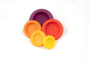 display of 5 silicone lids in purple, red, orange and yellows