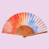 hand fan from pear wood and fabric in orange blue and white colours