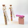 two test tubes filled with wildflower seeds and dried flowers with a tag Happy mother's day and a little vase with purple flowers.