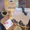eco gift set with bees wraps, wooden dishbrushes, eco dish sponges and vegetable linen bag