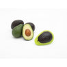 display of three avocados and a cut one with a yellow food hugger 
