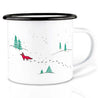 white_enamel_cup with a red fox on a mountain with pine trees