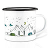 white enamel cup with a beautiful drawing of mountains, a tent, a camper, stars and the moon 