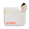 rectangular off white snack bag with the word snack. on the bottom left corner. there is a little square showing thw yellow zipper detail of the bag