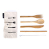 light bamboo colour fork, spoon ,Knife , drinking straw and cleaner neatly placed beside their white cotton case