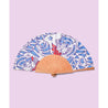 open fan with wild animals blue white and red design on lilac background