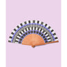 open fan with blue white and black geometrical design on a lilac colour background