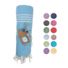 wrapped turquoise towel with a beaded detail by  a color chart