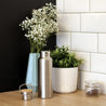 big silver stainell steel water bottle in front of two vases with flowers