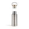 slilver stainless steel water bottle and  its lid with a bamboo detail